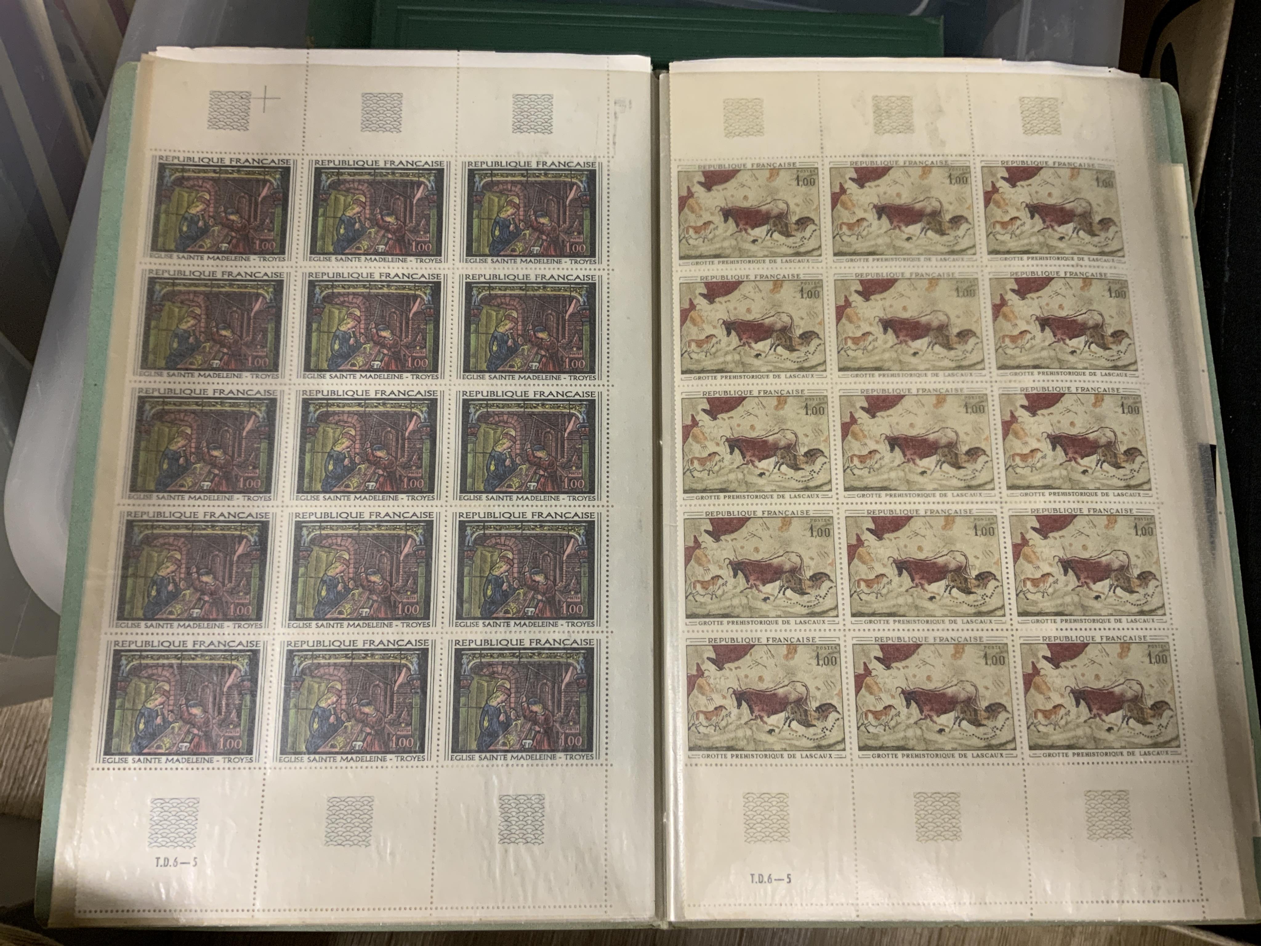 Five stamp albums, together with a quantity of loose leaves contained within a plastic box file, world stamps including; unused Belgium and German stamps with the theme of European Art, etc. unused part sheets of French